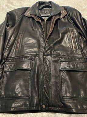 Vintage Leonardos Canada Leather Car Coat Jacket Double Collar Men's XL Tall